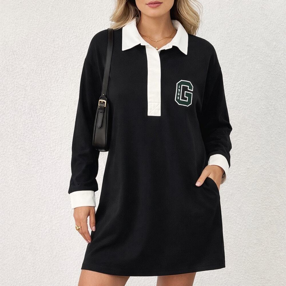 Gap Black White Rugby Shirt Dress 1969 Patch Long Sleeve Collared Size M NWT